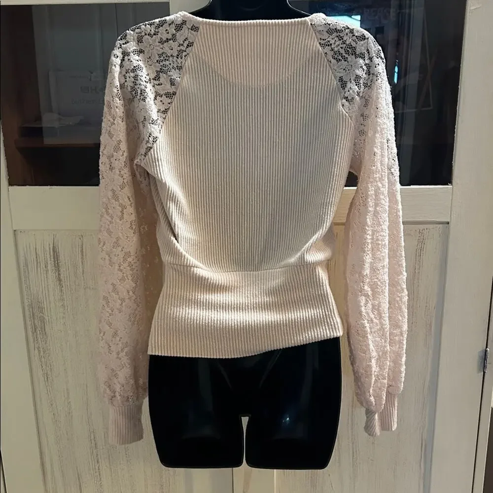 Anthropologie Cream Lace-Sleeve Wrap Ribbed Pullover